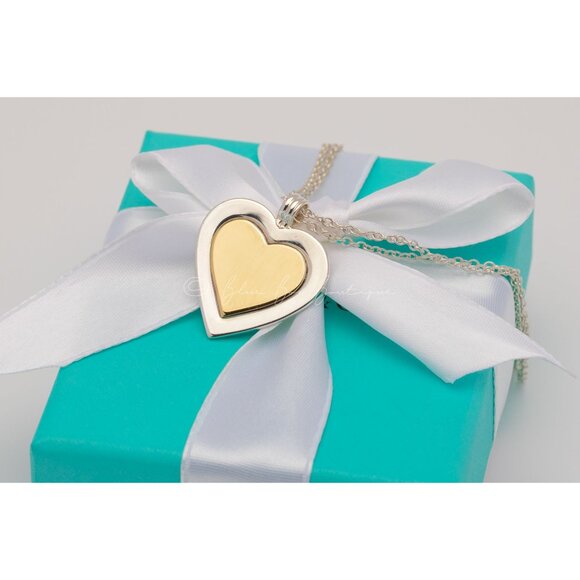 Tiffany & Co. Vintage Necklace Double Gold Silver Heart Pendant 32mm 16" Chain - Picture 6 of 8